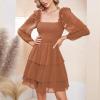 imageByinns Womens Smocked Ruffle Mini Dress Square Neck Long Sleeve Party Dress Cute Cottagecore Wedding Guest DressPumpkin