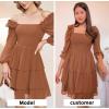 imageByinns Womens Smocked Ruffle Mini Dress Square Neck Long Sleeve Party Dress Cute Cottagecore Wedding Guest DressPumpkin
