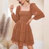 imageByinns Womens Smocked Ruffle Mini Dress Square Neck Long Sleeve Party Dress Cute Cottagecore Wedding Guest DressPumpkin