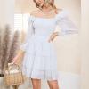 imageByinns Womens Smocked Ruffle Mini Dress Square Neck Long Sleeve Party Dress Cute Cottagecore Wedding Guest DressWhite