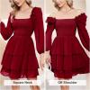 imageByinns Womens Smocked Ruffle Mini Dress Square Neck Long Sleeve Party Dress Cute Cottagecore Wedding Guest DressWine Red