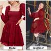imageByinns Womens Smocked Ruffle Mini Dress Square Neck Long Sleeve Party Dress Cute Cottagecore Wedding Guest DressWine Red