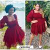 imageByinns Womens Smocked Ruffle Mini Dress Square Neck Long Sleeve Party Dress Cute Cottagecore Wedding Guest DressWine Red