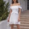imageByinns Womens Summer Ruffle Dress Sundresses Tiered Dress Off Shoulder Smocked Sleeveless 2024 Trendy Flowy DressesWhite