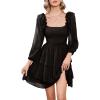 imageByinns Womens Smocked Ruffle Mini Dress Square Neck Long Sleeve Party Dress Cute Cottagecore Wedding Guest DressBlack