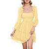 imageByinns Womens Smocked Ruffle Mini Dress Square Neck Long Sleeve Party Dress Cute Cottagecore Wedding Guest DressLight Yellow
