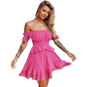 imageByinns Womens Summer Ruffle Dress Sundresses Tiered Dress Off Shoulder Smocked Sleeveless 2024 Trendy Flowy DressesRose