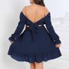 imageByinns Womens 2024 Plus Size Tie Back Square Neck Mini Dress Long Lantern Sleeve Elastic Waist Wedding Guest DressesDark Blue
