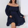 imageByinns Womens 2024 Plus Size Tie Back Square Neck Mini Dress Long Lantern Sleeve Elastic Waist Wedding Guest DressesDark Blue
