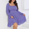 imageByinns Womens 2024 Plus Size Tie Back Square Neck Mini Dress Long Lantern Sleeve Elastic Waist Wedding Guest DressesGray Blue