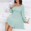 imageByinns Womens 2024 Plus Size Tie Back Square Neck Mini Dress Long Lantern Sleeve Elastic Waist Wedding Guest DressesGrey Green