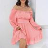 imageByinns Womens 2024 Plus Size Tie Back Square Neck Mini Dress Long Lantern Sleeve Elastic Waist Wedding Guest DressesPink