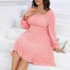 imageByinns Womens 2024 Plus Size Tie Back Square Neck Mini Dress Long Lantern Sleeve Elastic Waist Wedding Guest DressesPink