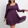 imageByinns Womens 2024 Plus Size Tie Back Square Neck Mini Dress Long Lantern Sleeve Elastic Waist Wedding Guest DressesPurplish Red