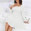imageByinns Womens 2024 Plus Size Tie Back Square Neck Mini Dress Long Lantern Sleeve Elastic Waist Wedding Guest DressesWhite