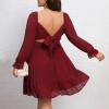 imageByinns Womens 2024 Plus Size Tie Back Square Neck Mini Dress Long Lantern Sleeve Elastic Waist Wedding Guest DressesWine Red