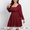 imageByinns Womens 2024 Plus Size Tie Back Square Neck Mini Dress Long Lantern Sleeve Elastic Waist Wedding Guest DressesWine Red