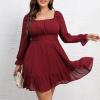 imageByinns Womens 2024 Plus Size Tie Back Square Neck Mini Dress Long Lantern Sleeve Elastic Waist Wedding Guest DressesWine Red