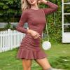 imageByinns Womens 2024 Sexy Mini Dress Knit Ruched Long Sleeve Ruffle Bodycon Dress Club Date Night Cocktail Party DressesDark Pink