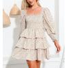 imageByinns Womens 2024 Square Neck Ruffle Dress Long Sleeve Floral Print Tiered Tie Back Layered Swing Mini DressApricot