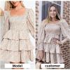 imageByinns Womens 2024 Square Neck Ruffle Dress Long Sleeve Floral Print Tiered Tie Back Layered Swing Mini DressApricot