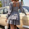 imageByinns Womens 2024 Square Neck Ruffle Dress Long Sleeve Floral Print Tiered Tie Back Layered Swing Mini DressBlue