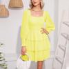 imageByinns Womens 2024 Square Neck Ruffle Dress Long Sleeve Floral Print Tiered Tie Back Layered Swing Mini DressCreamy Yellow