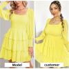 imageByinns Womens 2024 Square Neck Ruffle Dress Long Sleeve Floral Print Tiered Tie Back Layered Swing Mini DressCreamy Yellow