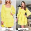 imageByinns Womens 2024 Square Neck Ruffle Dress Long Sleeve Floral Print Tiered Tie Back Layered Swing Mini DressCreamy Yellow