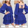 imageByinns Womens 2024 Square Neck Ruffle Dress Long Sleeve Floral Print Tiered Tie Back Layered Swing Mini DressDark Blue