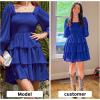 imageByinns Womens 2024 Square Neck Ruffle Dress Long Sleeve Floral Print Tiered Tie Back Layered Swing Mini DressDark Blue