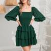 imageByinns Womens 2024 Square Neck Ruffle Dress Long Sleeve Floral Print Tiered Tie Back Layered Swing Mini DressDark Green