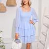 imageByinns Womens 2024 Square Neck Ruffle Dress Long Sleeve Floral Print Tiered Tie Back Layered Swing Mini DressLight Blue