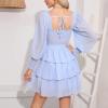 imageByinns Womens 2024 Square Neck Ruffle Dress Long Sleeve Floral Print Tiered Tie Back Layered Swing Mini DressLight Blue
