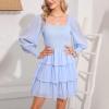 imageByinns Womens 2024 Square Neck Ruffle Dress Long Sleeve Floral Print Tiered Tie Back Layered Swing Mini DressLight Blue