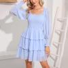 imageByinns Womens 2024 Square Neck Ruffle Dress Long Sleeve Floral Print Tiered Tie Back Layered Swing Mini DressLight Blue