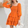 imageByinns Womens 2024 Square Neck Ruffle Dress Long Sleeve Floral Print Tiered Tie Back Layered Swing Mini DressOrange Red