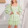 imageByinns Womens 2024 Square Neck Ruffle Dress Long Sleeve Floral Print Tiered Tie Back Layered Swing Mini DressPale Green