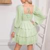 imageByinns Womens 2024 Square Neck Ruffle Dress Long Sleeve Floral Print Tiered Tie Back Layered Swing Mini DressPale Green