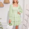 imageByinns Womens 2024 Square Neck Ruffle Dress Long Sleeve Floral Print Tiered Tie Back Layered Swing Mini DressPale Green