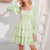 imageByinns Womens 2024 Square Neck Ruffle Dress Long Sleeve Floral Print Tiered Tie Back Layered Swing Mini DressPale Green
