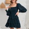 imageByinns Womens 2024 Square Neck Ruffle Dress Long Sleeve Floral Print Tiered Tie Back Layered Swing Mini DressPeacock Blue