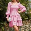 imageByinns Womens 2024 Square Neck Ruffle Dress Long Sleeve Floral Print Tiered Tie Back Layered Swing Mini DressPink