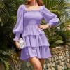 imageByinns Womens 2024 Square Neck Ruffle Dress Long Sleeve Floral Print Tiered Tie Back Layered Swing Mini DressPurple