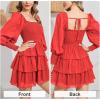 imageByinns Womens 2024 Square Neck Ruffle Dress Long Sleeve Floral Print Tiered Tie Back Layered Swing Mini DressRed