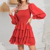 imageByinns Womens 2024 Square Neck Ruffle Dress Long Sleeve Floral Print Tiered Tie Back Layered Swing Mini DressRed