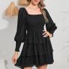 imageByinns Womens 2024 Square Neck Ruffle Dress Long Sleeve Floral Print Tiered Tie Back Layered Swing Mini DressSolid Black