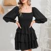 imageByinns Womens 2024 Square Neck Ruffle Dress Long Sleeve Floral Print Tiered Tie Back Layered Swing Mini DressSolid Black