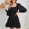 imageByinns Womens 2024 Square Neck Ruffle Dress Long Sleeve Floral Print Tiered Tie Back Layered Swing Mini DressSolid Black