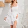 imageByinns Womens 2024 Square Neck Ruffle Dress Long Sleeve Floral Print Tiered Tie Back Layered Swing Mini DressWhite